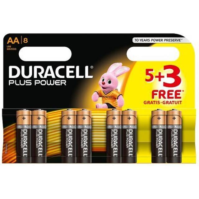 Duracell MN1500 Plus Power Alkaline Battery AA Size, 5 + 3 Free Batteries