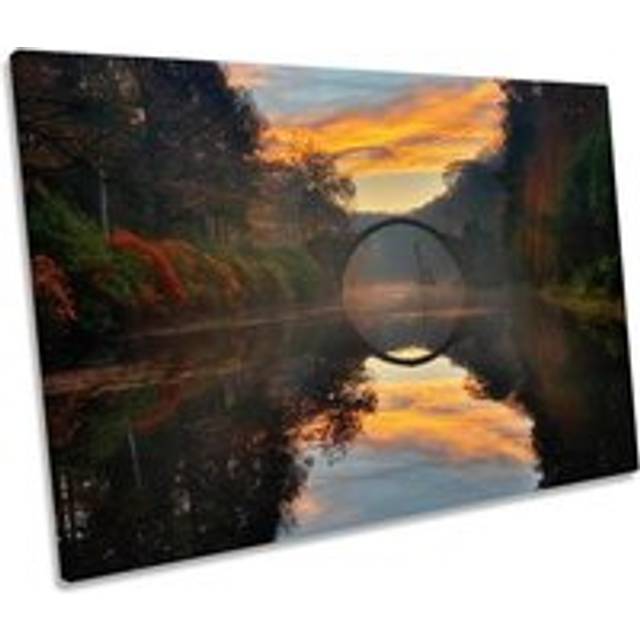 Autumn Garden Sunset Lake Bridge Canvas Wall Art Picture Print - Orange - W24 inch x H16 inch x D20mm