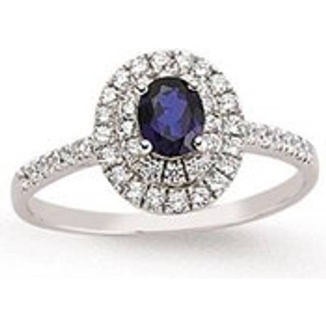 (Q) Jewelco London Ladies Rhodium Plated Sterling Silver Blue Oval Cubic Zirconia Halo Engagement Ring