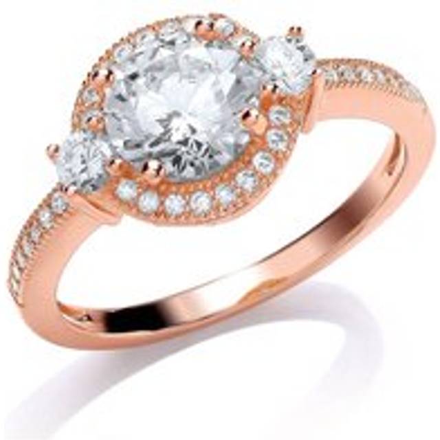 (O) Jewelco London Ladies Rose Gold-Plated Sterling Silver Cubic Zirconia Shoulder-Set Halo Solitaire Engagement Ring