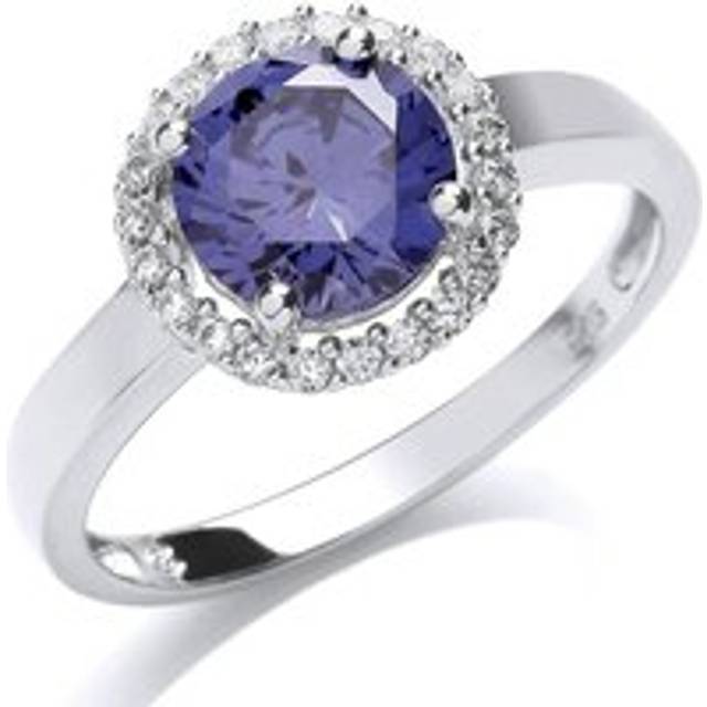 (N) Jewelco London Ladies Rhodium Plated Sterling Silver Purple Cubic Zirconia Halo 4 Claw Solitaire Engagement Ring