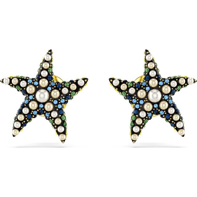 Idyllia stud earrings, Crystal pearl, Starfish, Small, Multicoloured, Gold-tone plated - Blue
