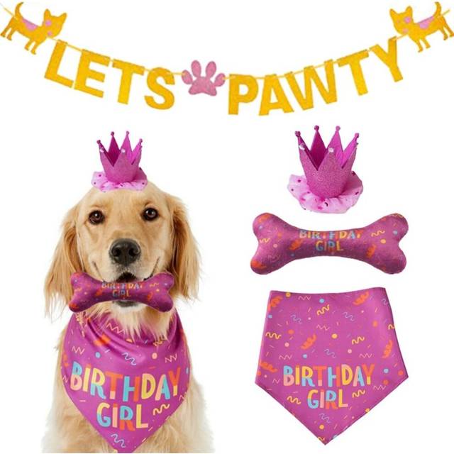 Dog Birthday Strap Hat Toy Set Triangle Scarf with Cute Bones Dog Birthday Scarf Accessories and Decoration Dog Big Dog(Pink)