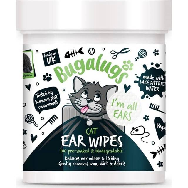 BUGALUGS Cat Ear Cleaner Cat Wipes 100 Biodegradable textured pre-soaked wipes. Pet Wipes Cat Ear Cleaner Solution Stops Head Shaking (100 Wipes)