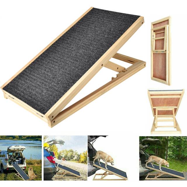 (L70cm*W35cm*H30/40cm) Wooden Dog Pet Car Ramp Ladder Foldable Adjustable Height Non-Slip Ideal for Car, Bed, Sofa and SUV