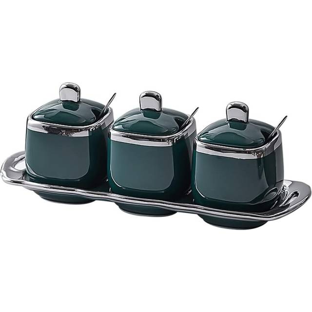 Ceramic Sugar Bowl Set Salt Container Seasoning Jar Ceramic Spice Jar with Lid and Spoon,Kitchen Seasoning Jar for Pepper, Sugar, Salt (Green)