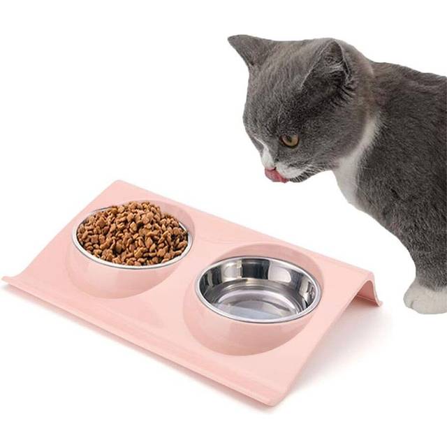 Double Stainless Steel Cat Bowl, Double Bowl For Small Dogs, Double Bowl For Pets, Double Bowl For Cat- Pink