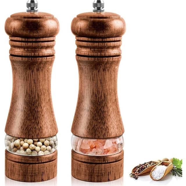 Set of 2 Wooden Salt and Pepper Mill, Manual Salt and Pepper Mill, Adjustable Ceramic Spice Grinder, Salt and Pepper Shaker 6.5inch,Pepper