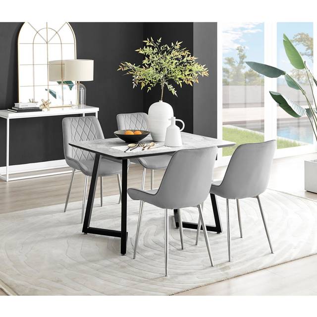 Industrial Design Grey & White Marble Effect Melamine Dining Table Set with 4 Luxury Velvet Chairs - Silver (4)