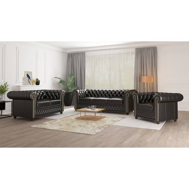 Chesterfield Erra 3 - Piece Living Room Set with Sleeping Function Made of Vegan Leather with Solid Wood Legs - Black (3)