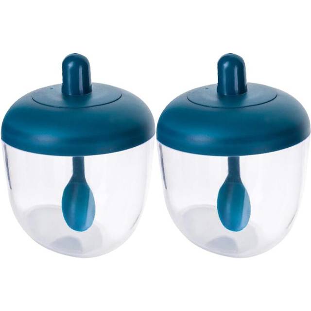 Condiment Jar, 2Pcs Kitchen Seasoning Pot Glass Salt Box Household Seasoning Pot MONosodium Glutamate Sugar Bottle Seasoning Box with Spoon (Blue)