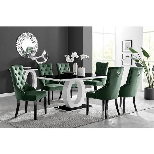 Scottsmoor Halo Dining Table Set in Modern High Gloss with 6 Luxury Velvet Dining Chairs - Black Tempered Glass (6)