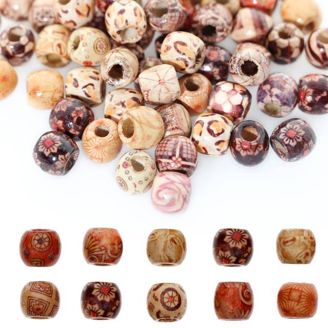 300pcs Mixed Painted Barrel Wood Spacer Beads  BetterJonny 12mm Round Printed Pattern Drum Wood Loose Beads for DIY Making Bracelet Necklace Jewelry H