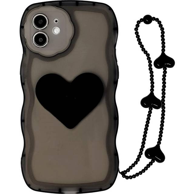 IPhone 11 phone case with bracelet chain, cute 3D black heart wavy border camera protection, soft and flexible TPU bumper protection girl phone case