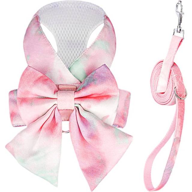 Cute Bow Tie Dog Harness and Leash Set Elegant Rainbow Gradient Puppy Harness No Pull Soft Mesh Pet Cat Dog Vest Harnesses, XS-Pink