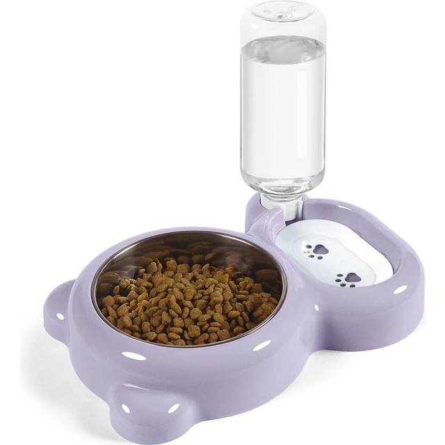 Dog Bowls, Cat Food and Water Bowl Set with Water Dispenser and Stainless Steel Bowl for Cats and Small Dogs - Purple