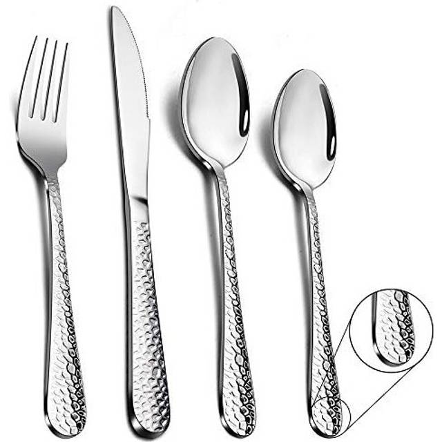 Cutlery Set, TeamFar Stainless Steel 32 Piece Flatware Set for 8, Hammered Design Silverware Set for Big Family/Camping/Picnic, Eating Utensils with K