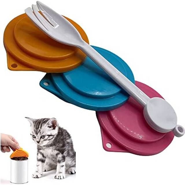 Pet Food Can Covers and Spoon Reusable For Cat Dog and Pet Food Plastic Can Covers Set of 3 with Spoon/Fork