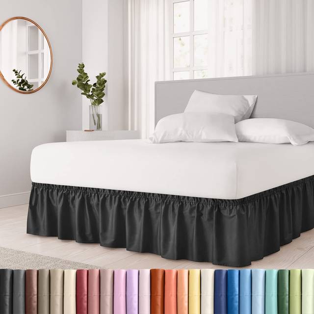 Wrap Around Dust Ruffle Bed Skirt - Black - Bed Skirt for Full Size Beds with 12 in. Drop - Easy Fit Elastic Strap - Pleated Bedskirt with Brushed Fab
