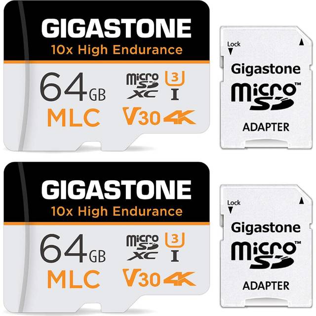 [10 x hög uthållighet] Gigastone industriell 64 GB 2-pack MLC Micro SD-kort, 4K videoinspelning, säkerhetskamera, instrumentkamera, övervakningskompatibel 100 MB/s, U3 C10, med adapter [5 års gratis