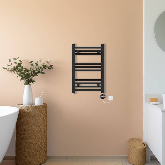(Black, 600x400mm) NRG Prefilled Thermostatic Electric Straight Heated Towel Rail Radiator