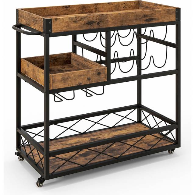 3-Tier Kitchen Serving Cart Rolling Bar Serving Trolley W/ Wine Rack