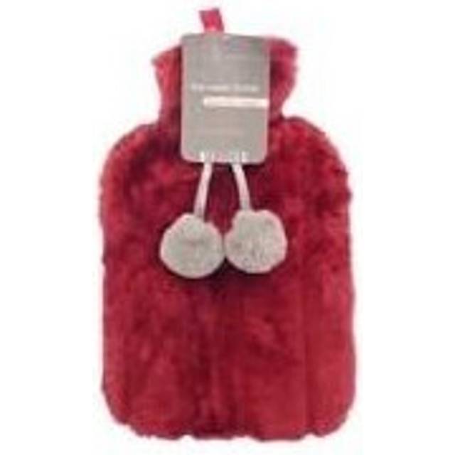 Cosy Large Hot Water Bottle With Faux Fur Cover And Pom Poms, Red
