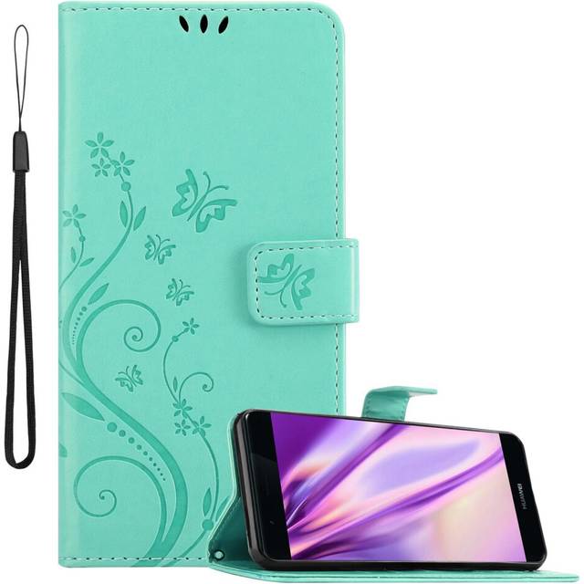 (FLORAL TURQUOISE) Cadorabo Flower Case for Huawei P9 PLUS Cover Book Wallet Protection PU Leather Flip Etui magnetic closure