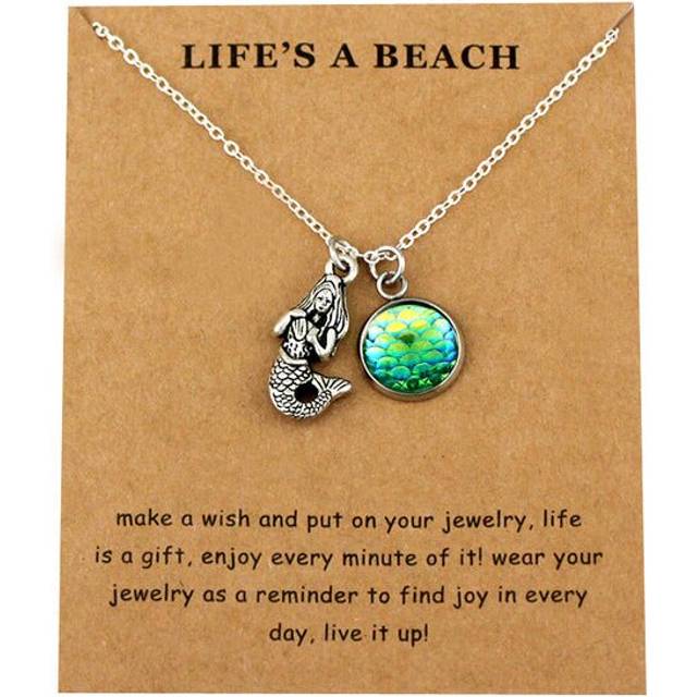 (Life's a Beach - Mermaid with Yellow/Blue Scales, 1) Lucky Fortune Wish Pendant Necklaces