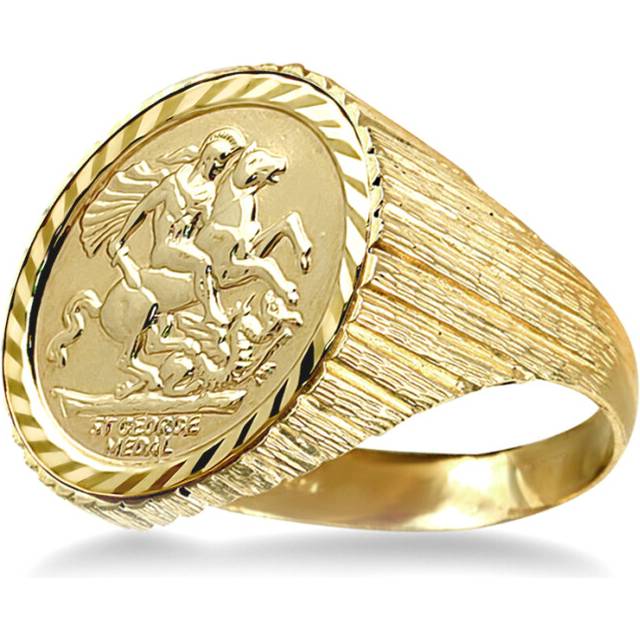 (T) Jewelco London Men's Solid 9ct Gold Ribbed Barked St George & Dragon Medallion Ring (Half Sov Size)