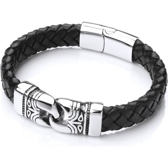 Jewelco London Mens Rhodium Plated Stainless Steel Black Leather Platted Tribal Link Cuff Bracelet 15mm 8.5 inch - BRC158 - Silver