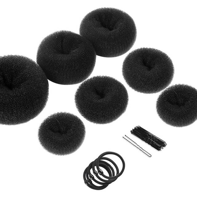 (Black) Teenitor 7 Hair Bun Makers Set, Black Buns Shaper Hair Styling Accessories Kit with 5 Bands & 20 Bun Pins, Donut Ring St