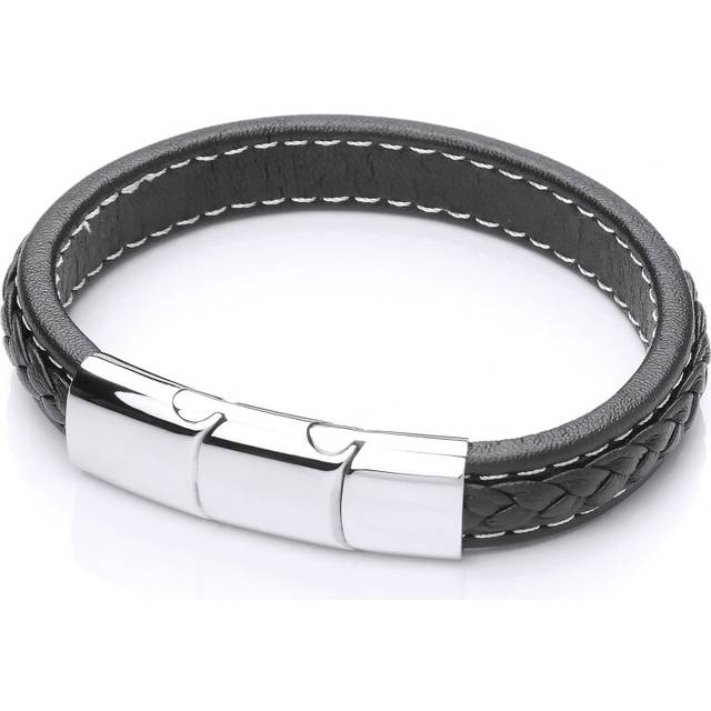 Jewelco London Mens Rhodium Plated Stainless Steel Black Leather Platted Cuff Bracelet 12mm - BRC151 - Silver