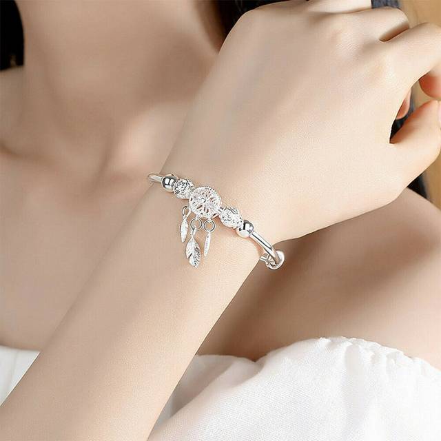 (Dream Catcher Feather) 925 Sterling Silver Ladies Round Beaded Feather Bracelet Angel Bangle Jewellery