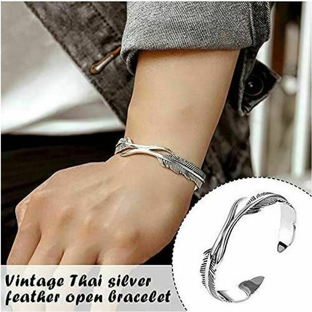 (Feather for Men&#39;s) 925 Sterling Silver Ladies Round Beaded Feather Bracelet Angel Bangle Jewellery