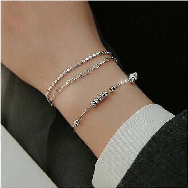(Luoky Bead) 925 Sterling Silver Ladies Round Beaded Feather Bracelet Angel Bangle Jewellery