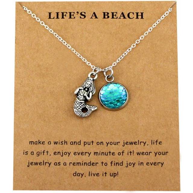 (Life's a Beach - Mermaid with Turquoise Scales, 1) Lucky Fortune Wish Pendant Necklaces