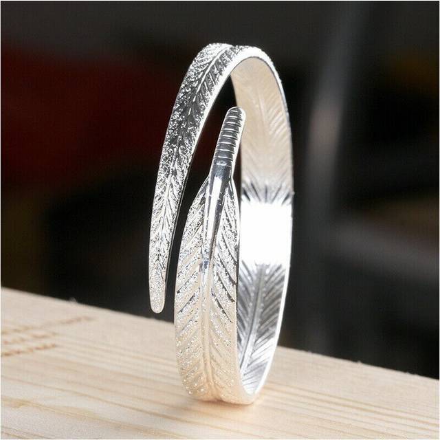 (Angel Wing) 925 Sterling Silver Ladies Round Beaded Feather Bracelet Angel Bangle Jewellery