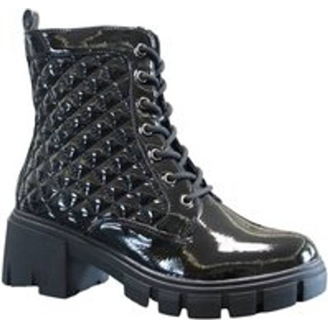 Black Quilted Patent Zip Closure Chunky Block Heel Ankle Boots - 5