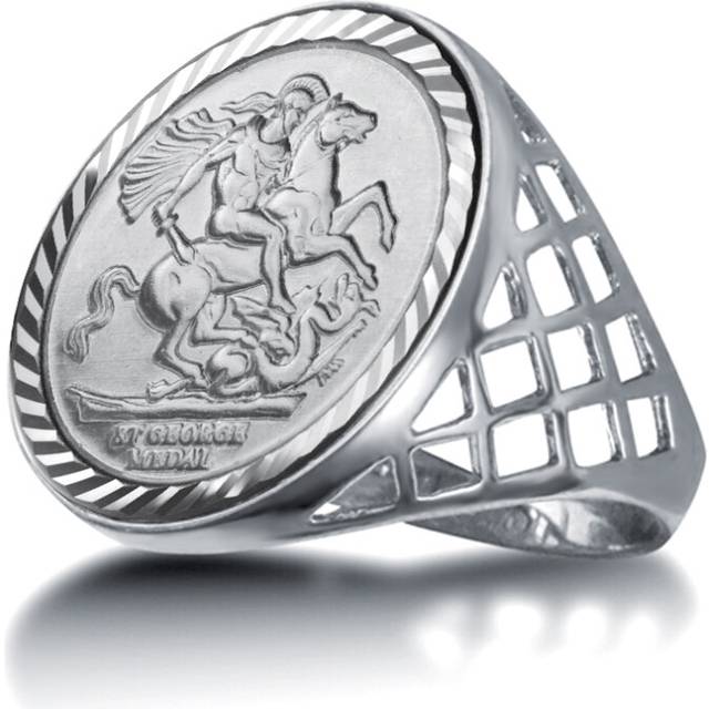 (Z) Jewelco London Mens Solid Sterling Silver St George Dragon Slayer Basket Half-Sovereign-Size Ring (not a sovereign coin)