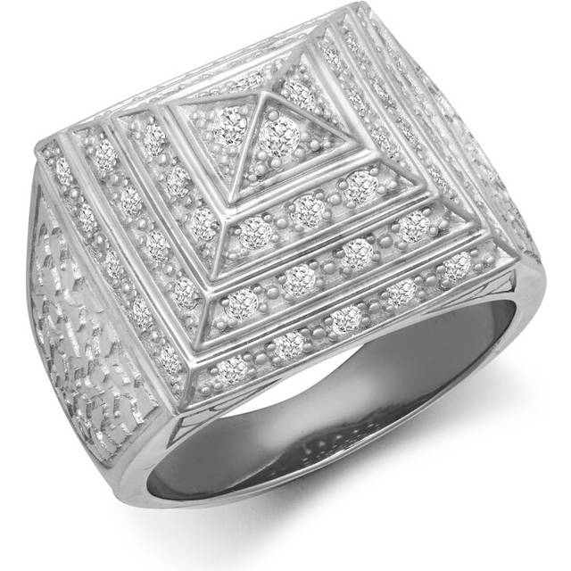 (R) Jewelco London Men's Rhodium Plated Sterling Silver White Round Brilliant Cubic Zirconia Egyptian Pyramid 20mm Signet Ring - ARN131B