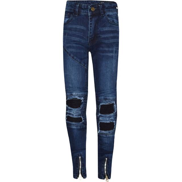 (11-12 Years, Dark Blue) Kids Girls Jeans Ripped Drape Panel Denim Pant