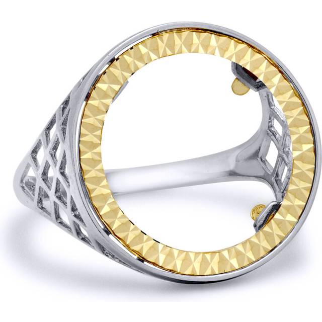 (Q) Jewelco London 925 Sterling Silver Basket Full Sovereign Coin Mount Ring - 9ct Gold Fluted Bezel & Onyx - XRN168-F