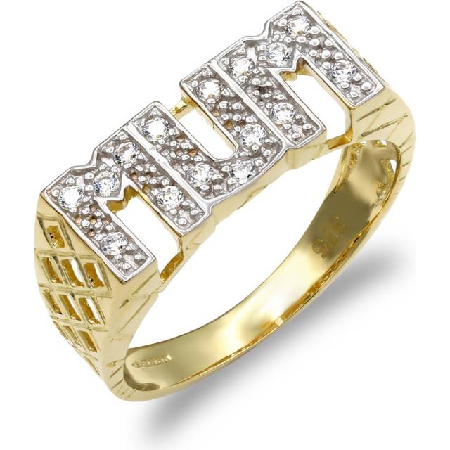 (M) Jewelco London Ladies Solid 9ct Yellow Gold White Round Brilliant Cubic Zirconia Basket Sides Pave MUM Ring - JRN123