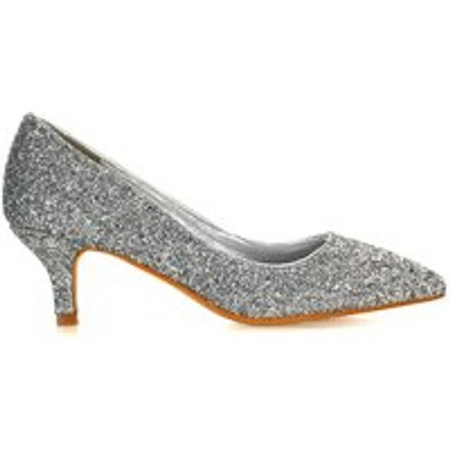 'Gwyneth' Pointed Toe Mid Stiletto Kitten Heel Court Shoes - Silver - 5