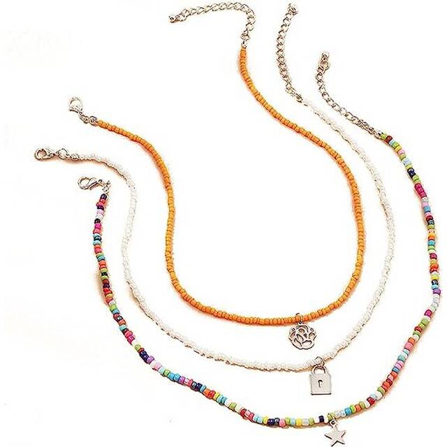 BLING Boho Rainbow Beaded Necklace Layered Neck Locked Butterfly Chain Star Pendant Multi Color Bead Choker Necklaces Beach Jewelry for Women Teen