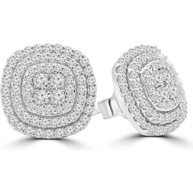 0.88 CTW Round Diamond Cluster Double Halo Stud Earrings in 14K White Gold