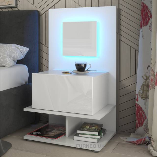 (Blue LED Lights) White Bedside Table Cabinet Nightstand With Drawer & Shelf Gloss & Matt Clifton16 With LED Lights