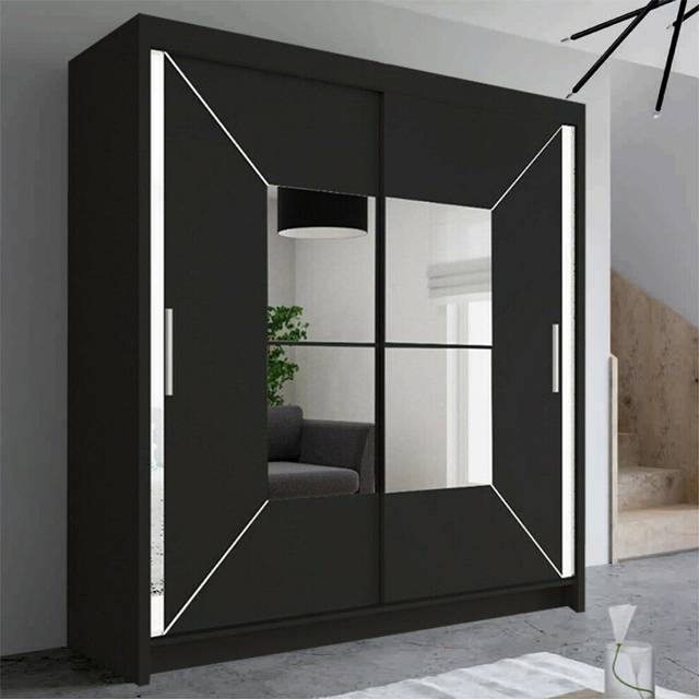 (Black, Width 180cm) Modern Free Standing Mirror Sliding Wardrobe