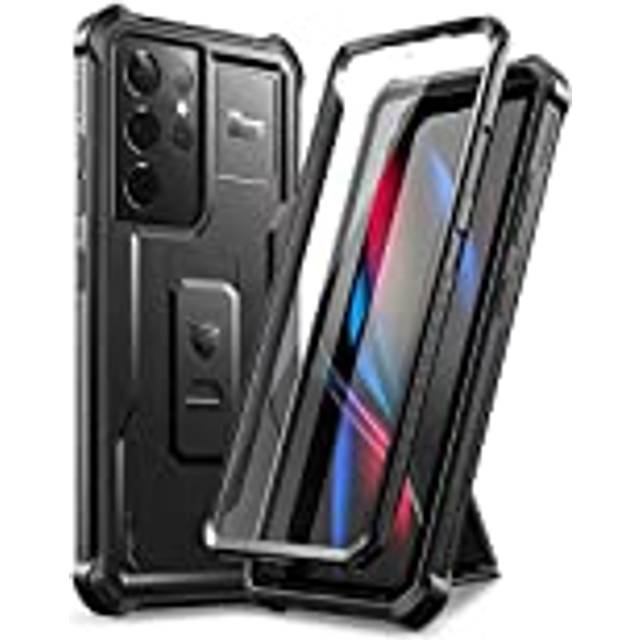 Dexnor Fodral till Samsung Galaxy S21 Ultra 5G 6,8 tum med inbyggt skärmskydd militärklass Armour Heavy Duty 360 helkropp stötsäkert stötfångare skydd med stativ – Svart